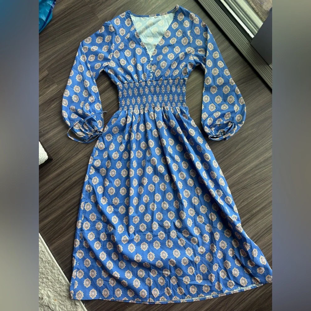 SHEIN | Blue Printed Shirred Waist Midi Dress XS Boho A-Line | WORN ONCE - Picture 2 of 5